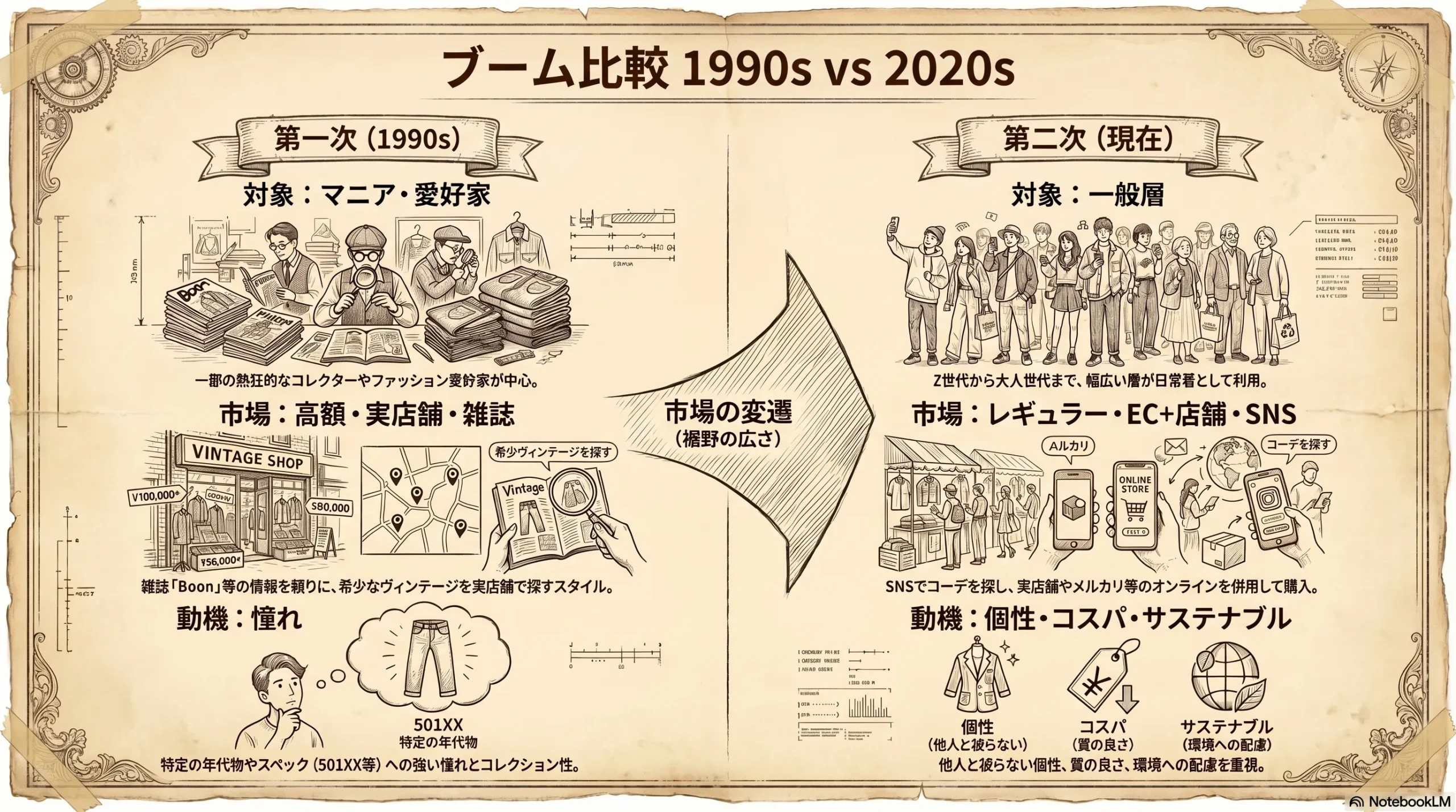 第一次ブームと第二次ブームの違いを比較したインフォグラフィック