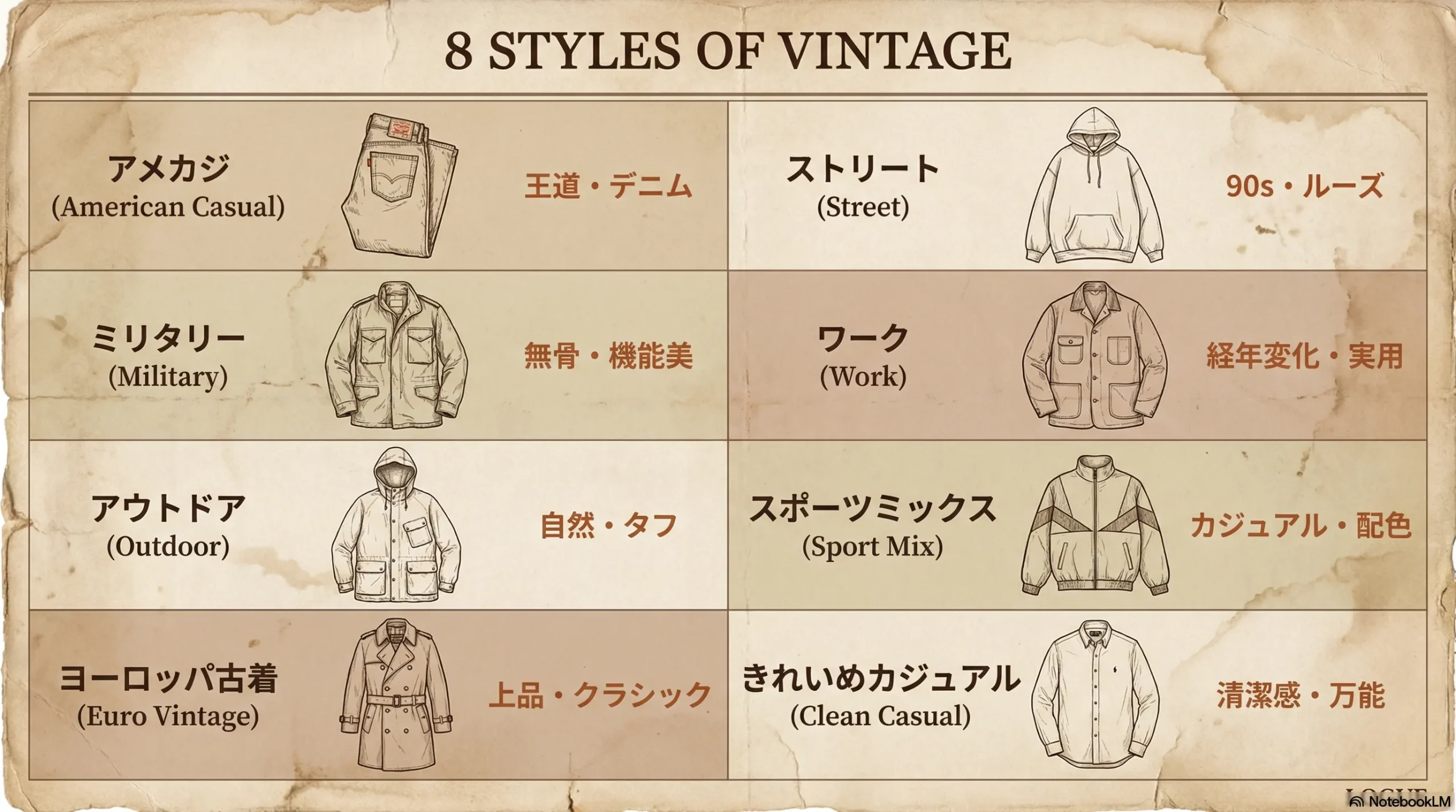 古着の系統8選の特徴と定番アイテム一覧のインフォグラフィック