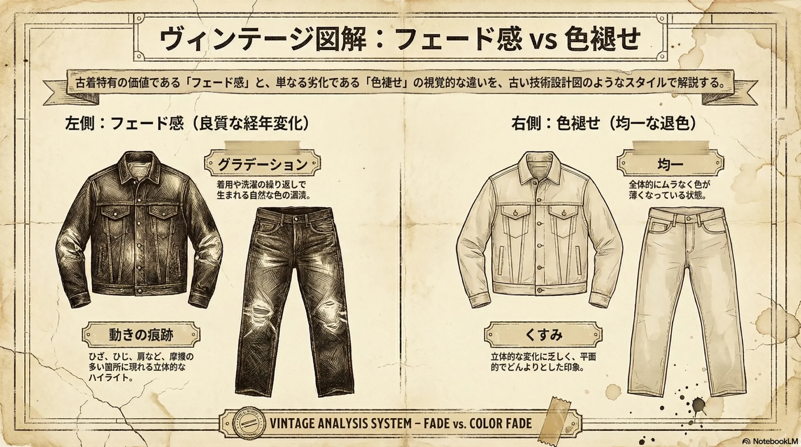 フェード感とただの色褪せの違いを図解したインフォグラフィック