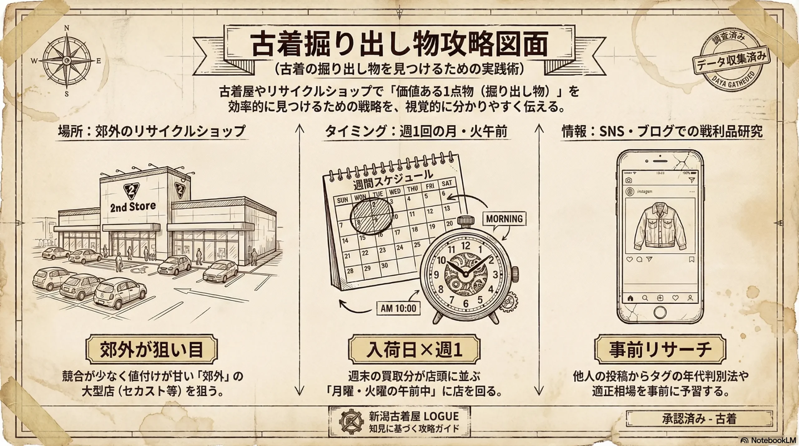 古着の掘り出し物を見つける3つの習慣のインフォグラフィック