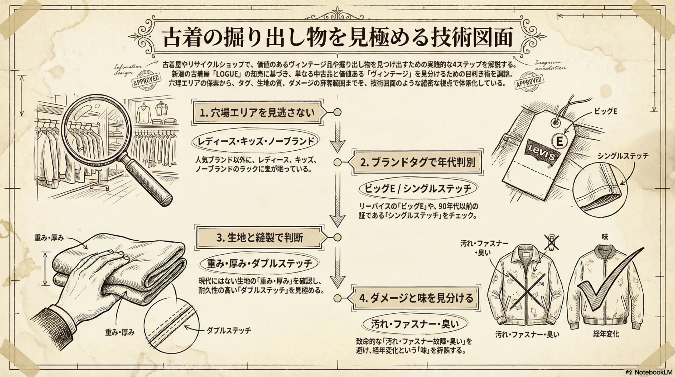 古着の掘り出し物の見つけ方 店内での4つの実践テクニックのインフォグラフィック