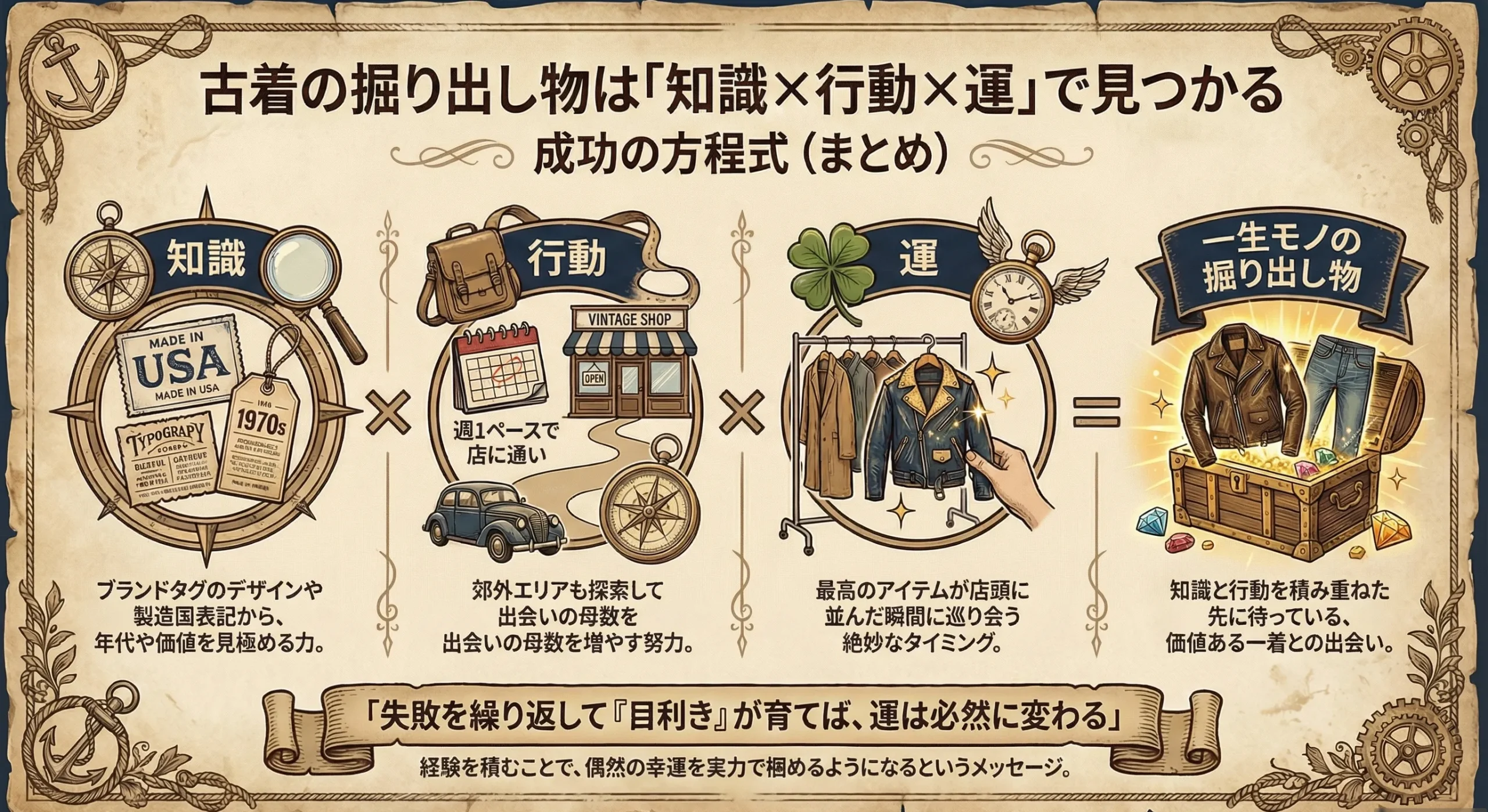 古着の掘り出し物は知識×行動×運で見つかる成功の方程式のインフォグラフィック