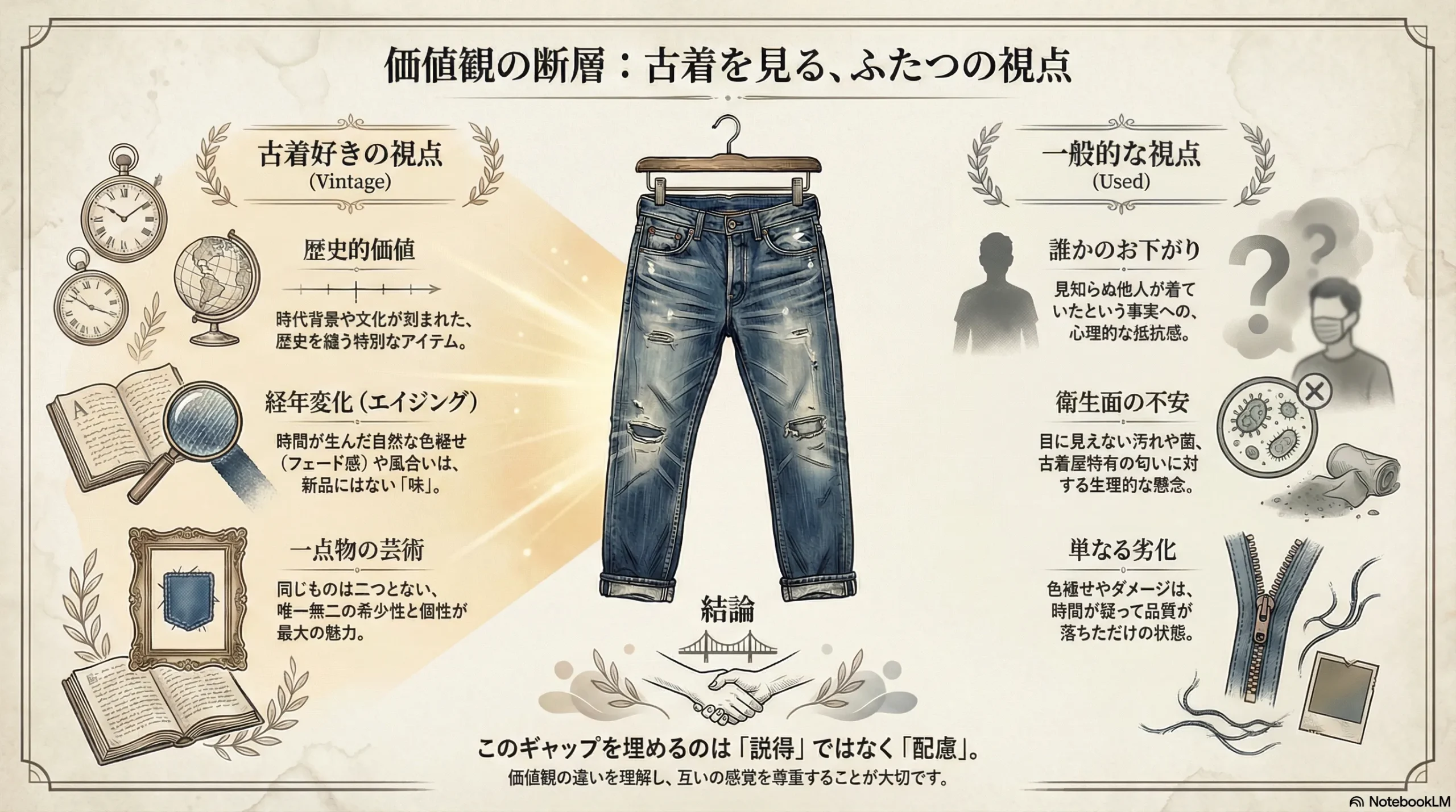古着好きと一般的な視点の価値観の断層を図解したインフォグラフィック