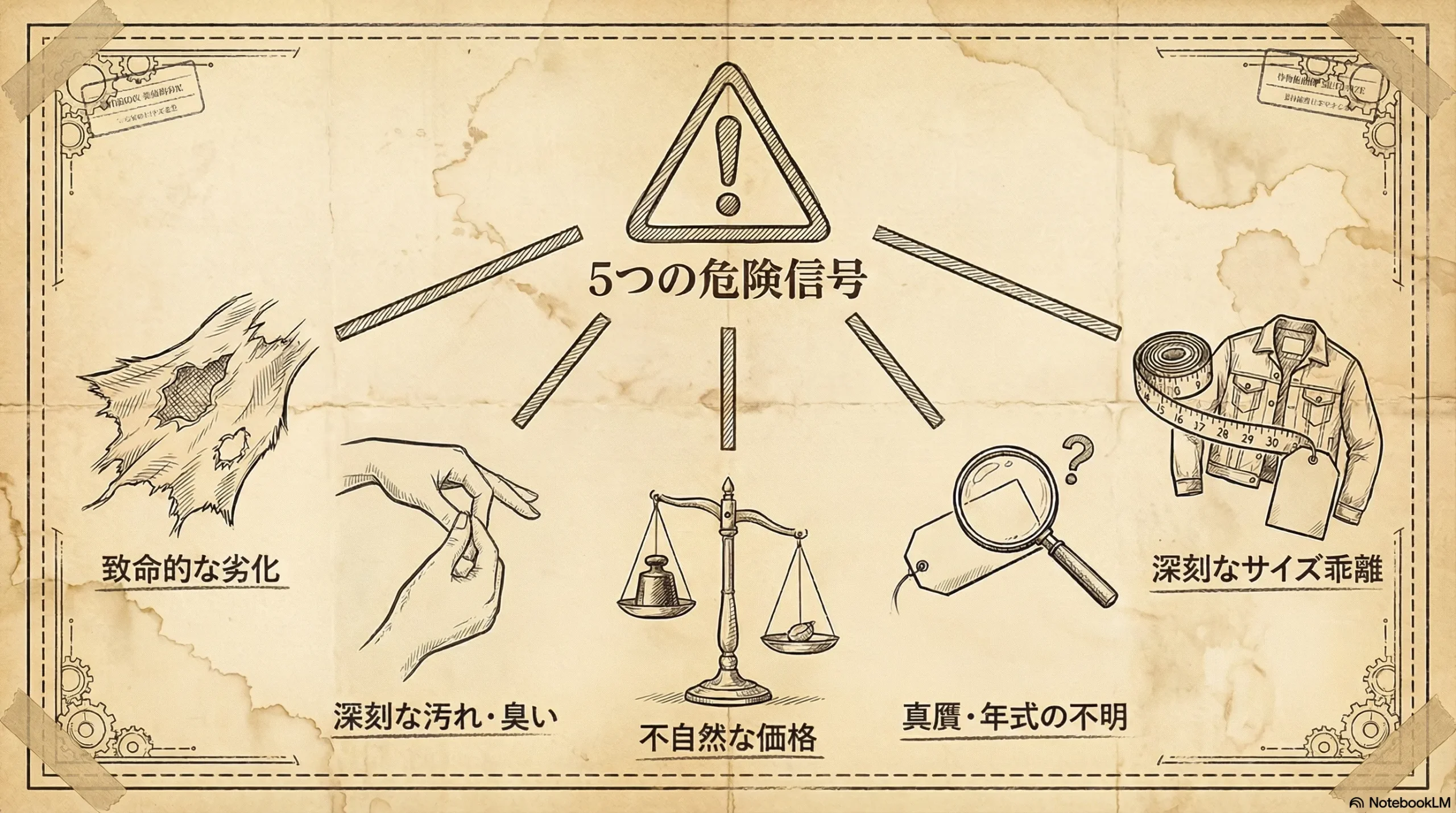 買ってはいけない古着の5つの特徴（劣化・汚れ臭い・価格異常・真贋不明・サイズ乖離）を図解したインフォグラフィック