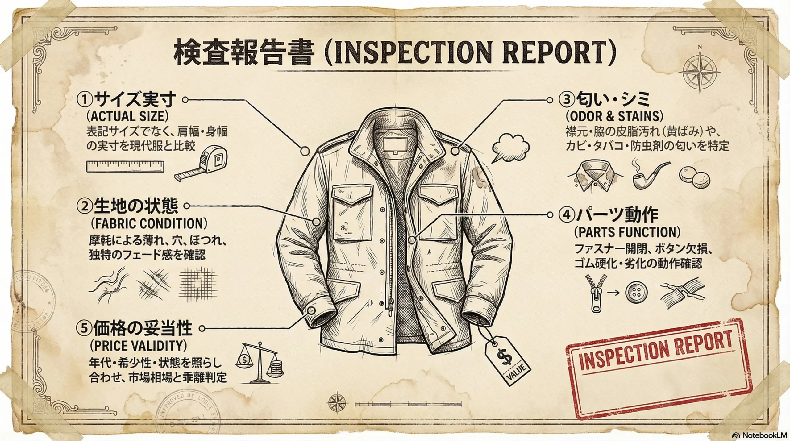 古着選びの検査報告書（サイズ実寸・生地の状態・匂いシミ・パーツ動作・価格の妥当性の5項目チェックリスト）を図解したインフォグラフィック