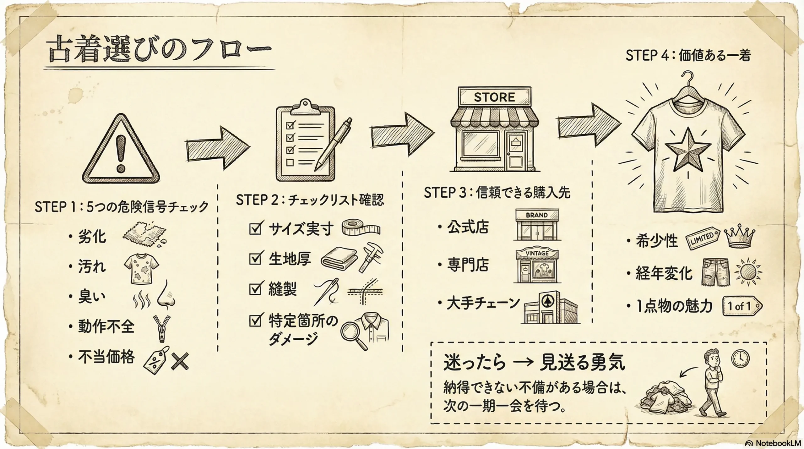 古着選びのフロー（特徴チェック→チェックリスト確認→信頼できる購入先→価値ある一着）を図解したインフォグラフィック
