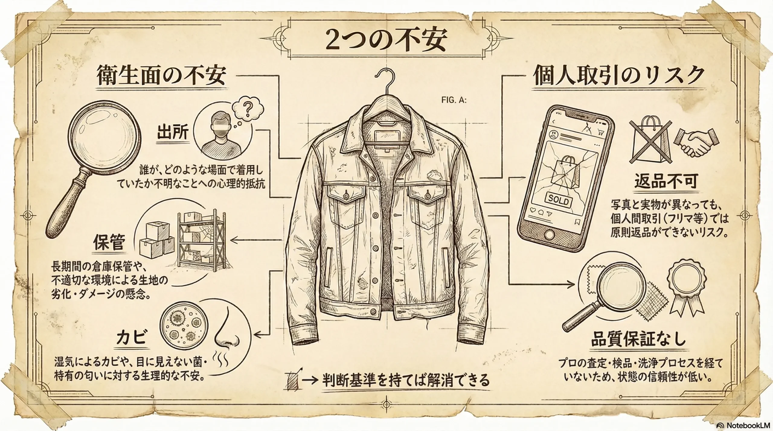 古着が買ってはいけないと言われる2つの不安（衛生面の不安と個人取引のリスク）を図解したインフォグラフィック