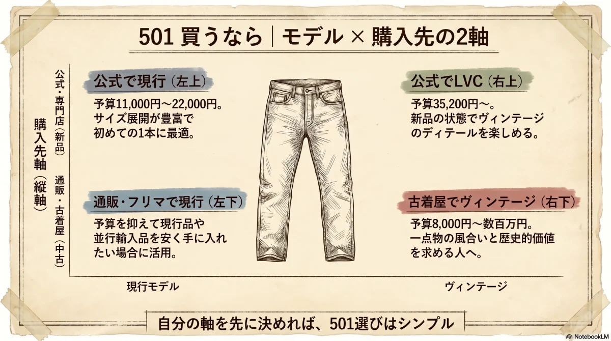 Levi's 501を買う際の2軸（モデル3つの選択肢と購入先4つ）を技術図面風に整理した色付きインフォグラフィック