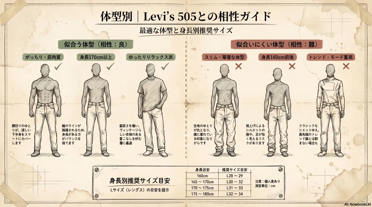 Levi's 505との体型別相性マップ（似合う人・似合いにくい人の特徴と身長別サイズ目安）を図解した色付きインフォグラフィック
