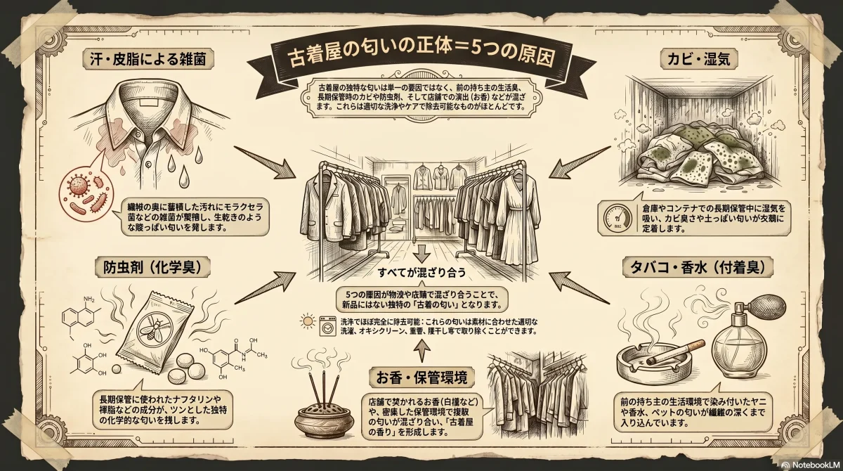 古着屋の匂いが発生する5つの原因を図解した色付きインフォグラフィック