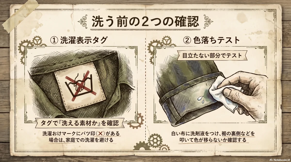 古着の匂いを取る前の確認ポイント2つを図解した色付きインフォグラフィック