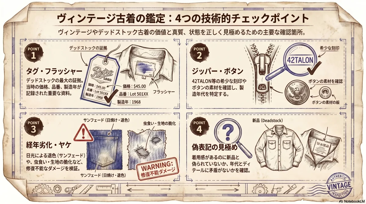 デッドストックの見分け方チェックポイントを図解した色付きインフォグラフィック