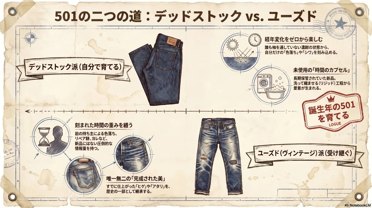 デッドストック派とユーズド派の違いを比較した色付きインフォグラフィック