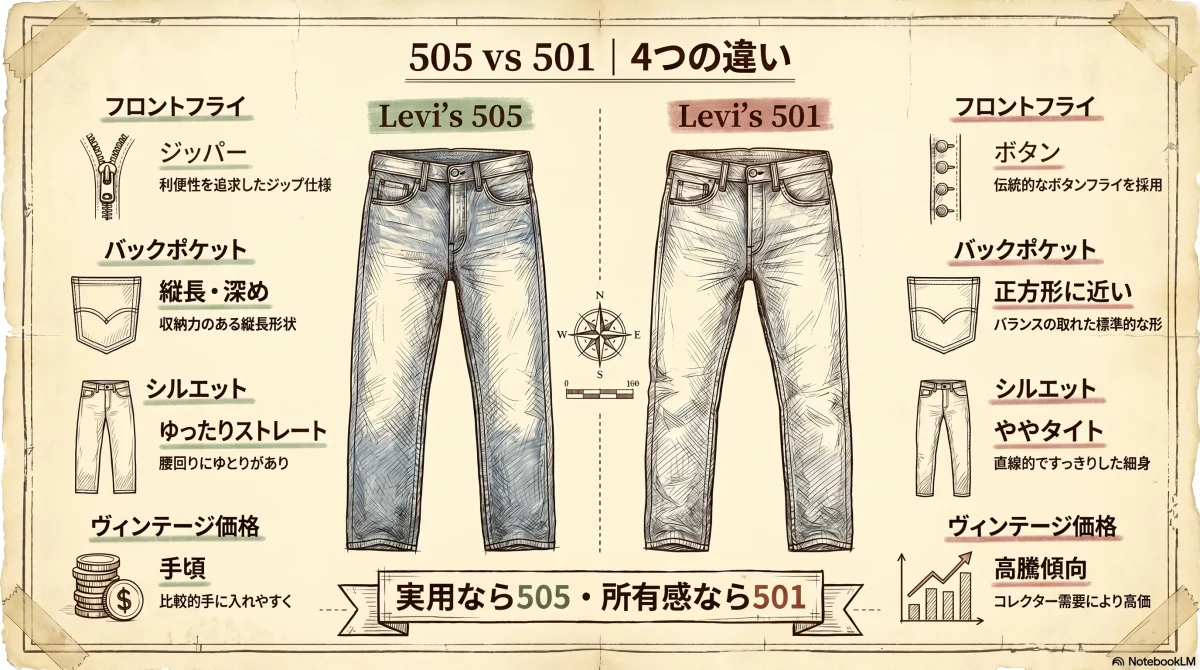 Levi's 505と501の4つの違い（ジッパーフライ・バックポケット形状・シルエット・ヴィンテージ価格帯）を比較した色付きインフォグラフィック