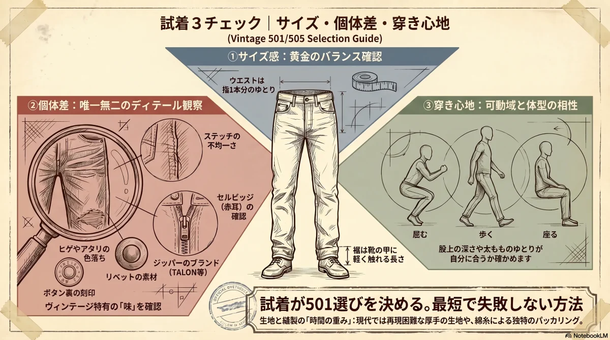 Levi's 501を試着する際に見るべき3つのチェックポイント（サイズ感・色と縫製の個体差・穿き心地）を技術図面風に整理した色付きインフォグラフィック