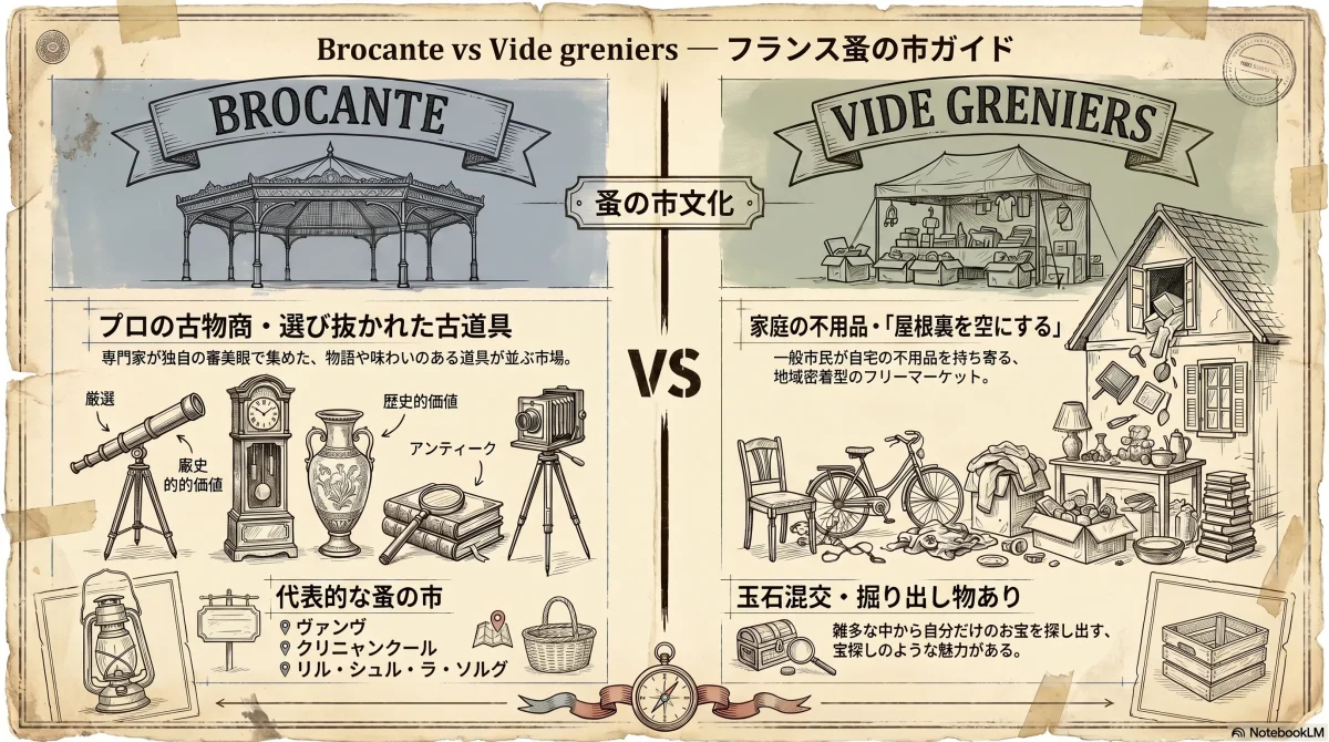 Brocante（プロの古物商）とVide greniers（家庭の不用品フリマ）の違いを対比する色付きインフォグラフィック