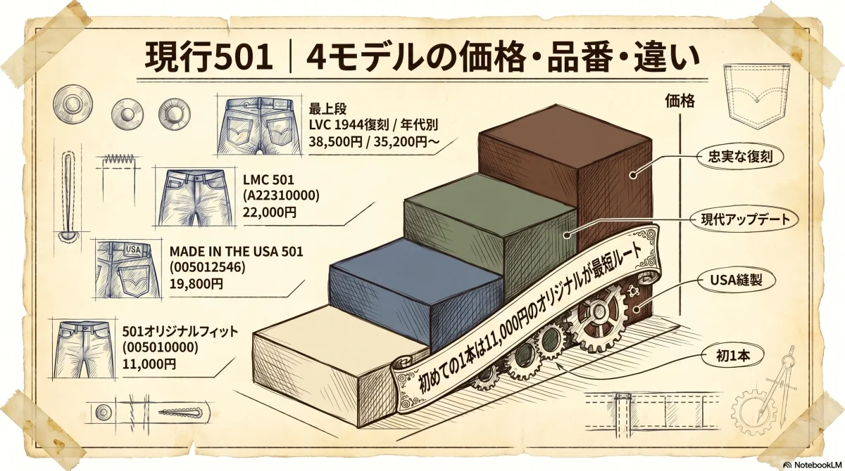 現行Levi's 501の4種類（オリジナルフィット・MADE IN USA・LMC・LVC）の価格・品番・特徴を比較した色付きインフォグラフィック