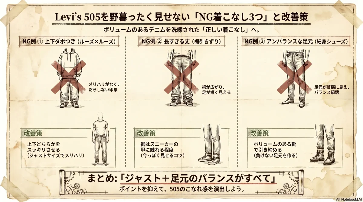 Levi's 505でやりがちな3つのNG着こなし（上下ダボつき・長すぎる丈・細身シューズ）と改善策を図解した色付きインフォグラフィック