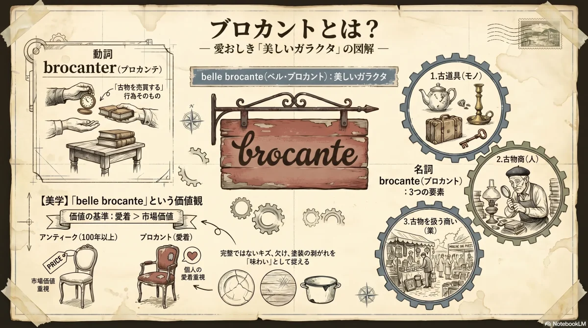 ブロカントの語源と意味（brocanterから派生した古道具・古物商・古物を扱う商いの3つの意味とbelle brocante「美しいガラクタ」）を示す色付きインフォグラフィック