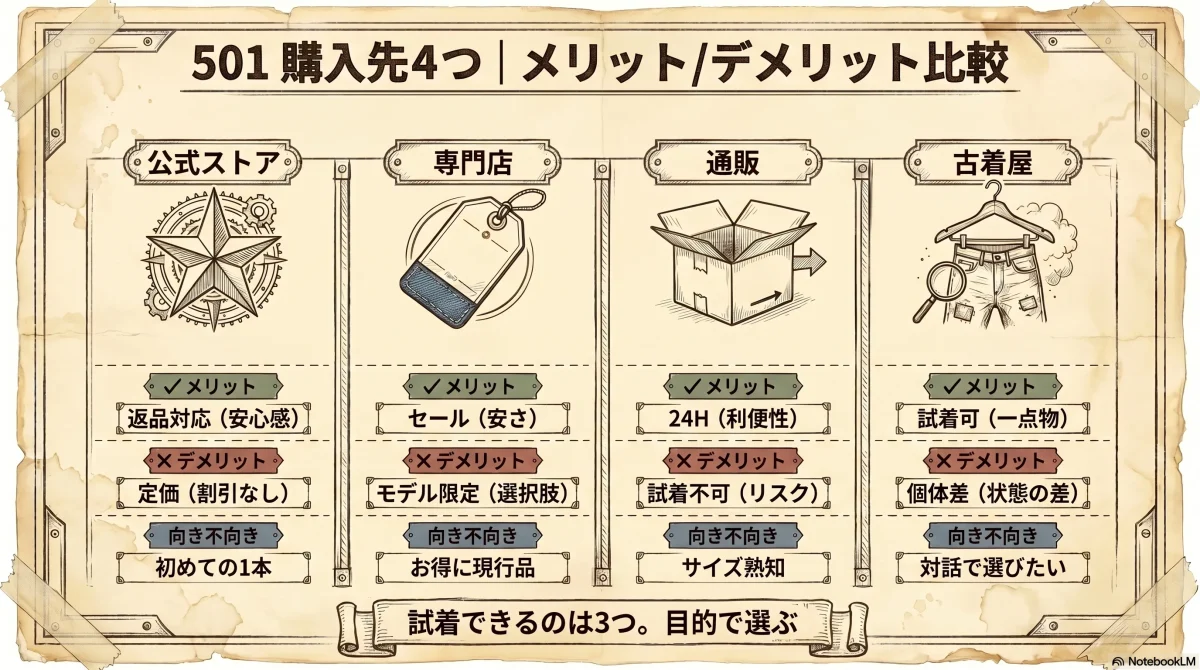Levi's 501の購入先4つ（公式・専門店・通販・古着屋）のメリットとデメリットを比較した色付きインフォグラフィック