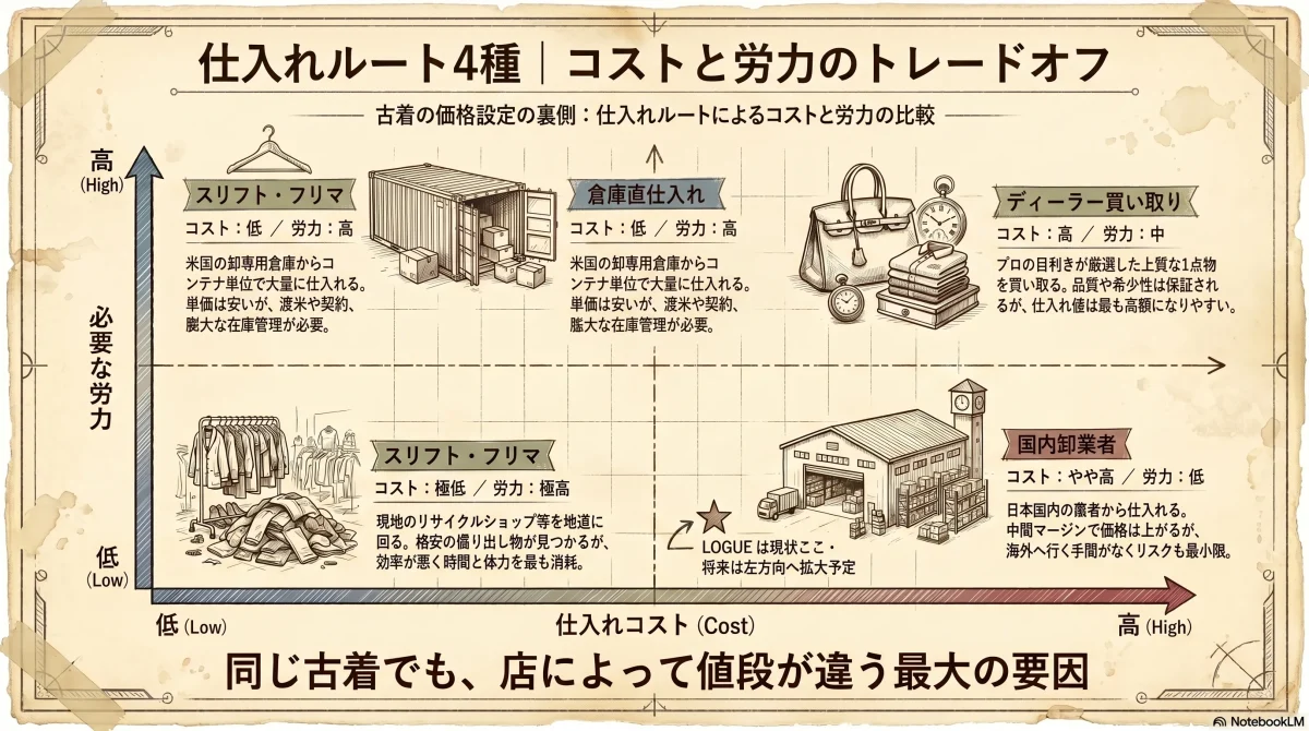 古着の仕入れルート4種別の値段差：倉庫直・スリフト/フリマ・国内卸・ディーラー買い取り