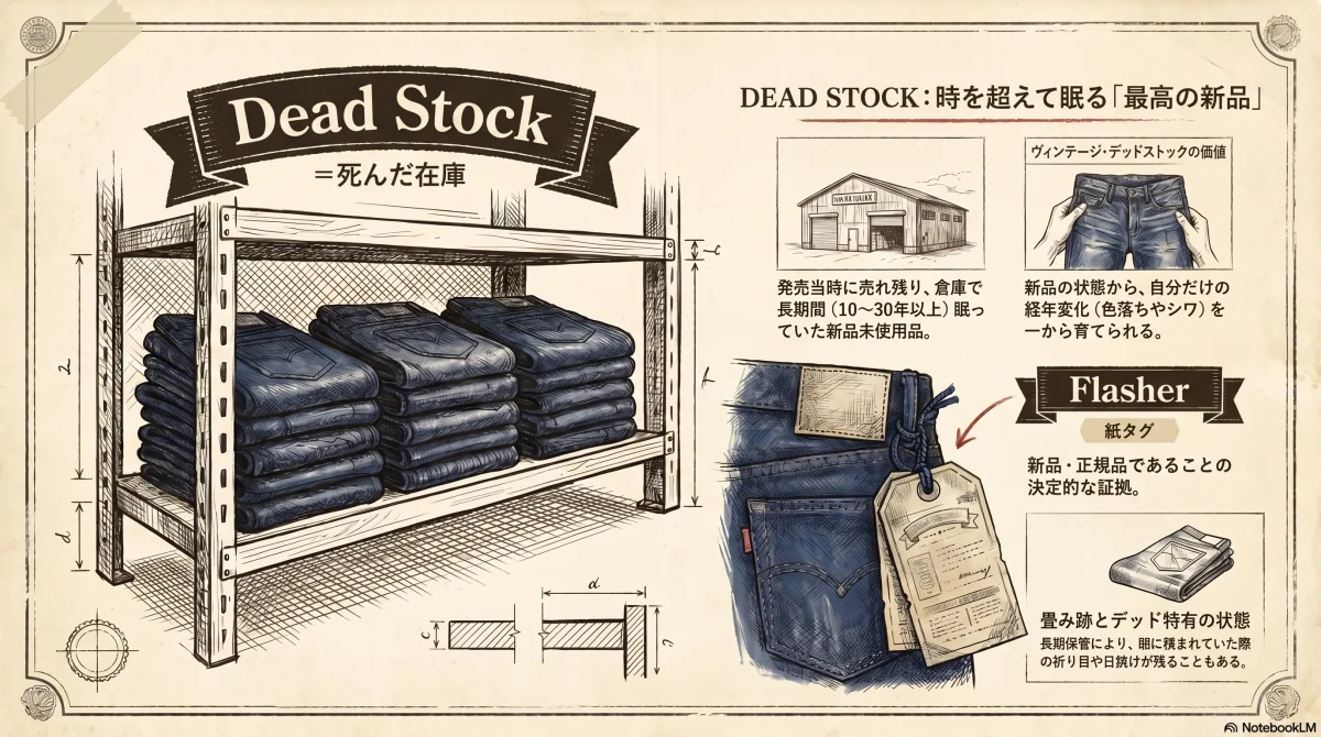 デッドストックの意味と由来を図解した色付きインフォグラフィック