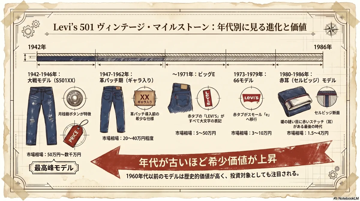 デッドストックの価値基準とLevi's 501年代別ディテールを図解した色付きインフォグラフィック