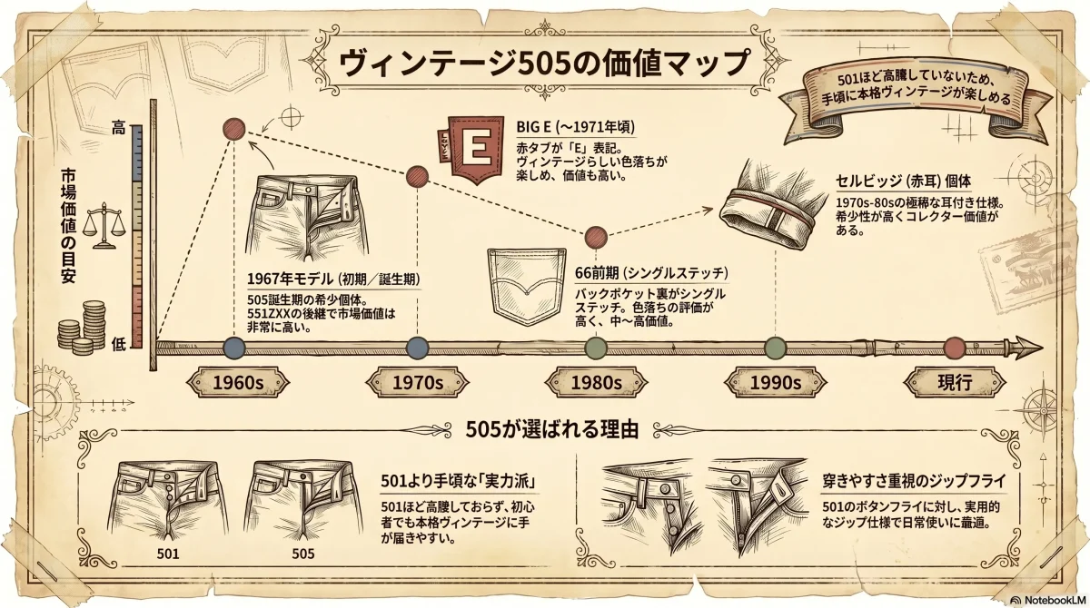 ヴィンテージLevi's 505の価値マップ（1960s〜現行の年代別市場価値・1967年モデル・BIG E・66前期・セルビッジ）を図解した色付きインフォグラフィック