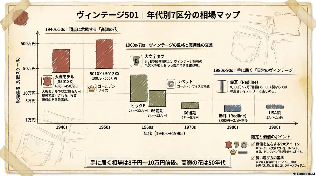 ヴィンテージLevi's 501の年代別7区分（40s大戦・50s・60-70sビッグE・66前期・66後期・80s赤耳・90s USA）の販売価格帯を示した色付きインフォグラフィック