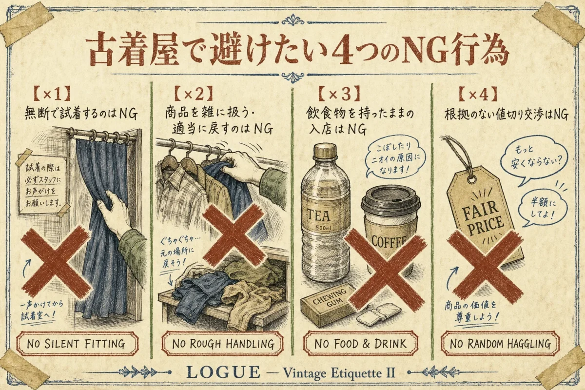 古着屋で避けたい4つのNG行為：無断試着・雑な扱い・飲食物持ち込み・根拠なき値切り