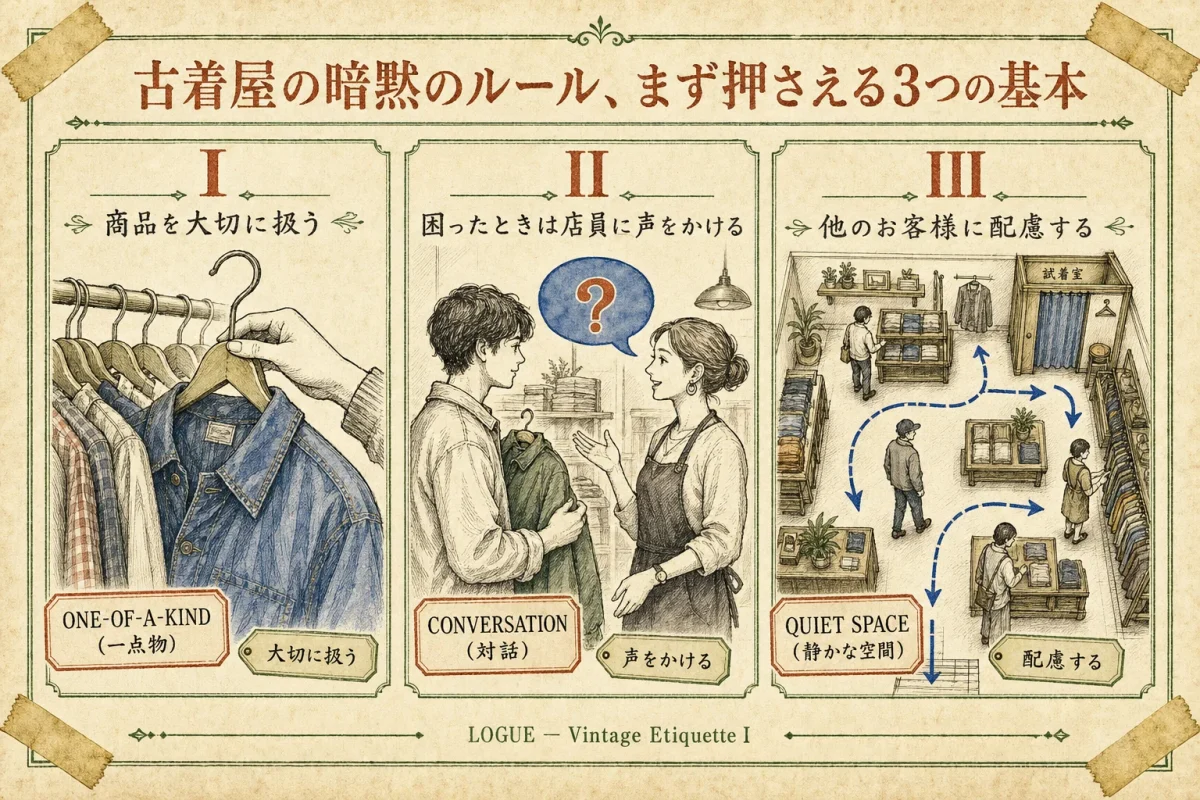 古着屋の暗黙のルール3つの基本：商品を大切に扱う・店員に声をかける・他のお客様に配慮する