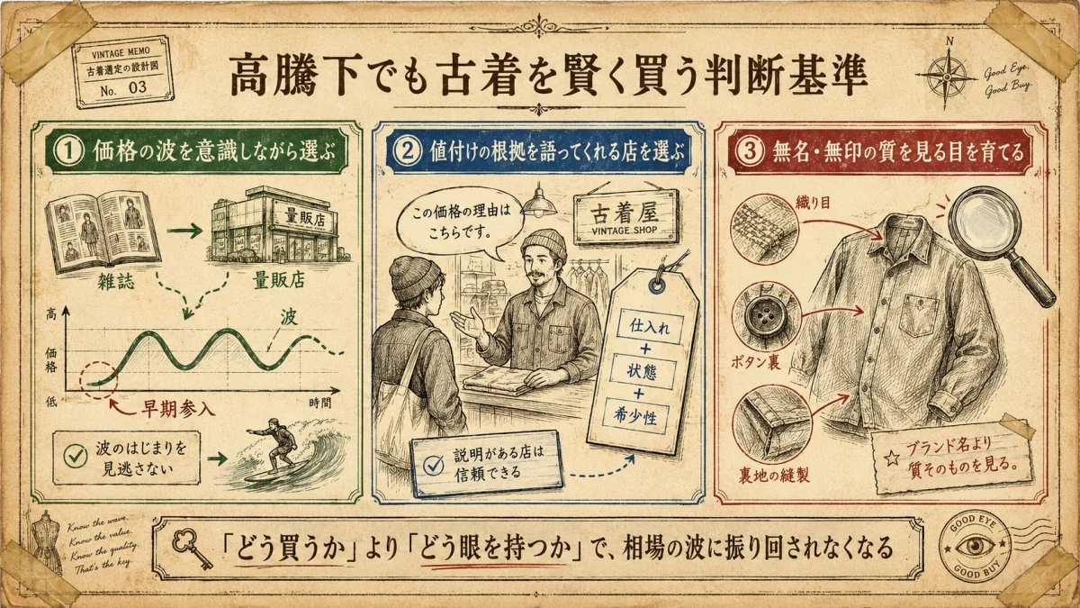 高騰下でも古着を賢く買う判断基準：価格の波を意識する・値付け根拠を語る店を選ぶ・無名無印の質を見る目を育てる