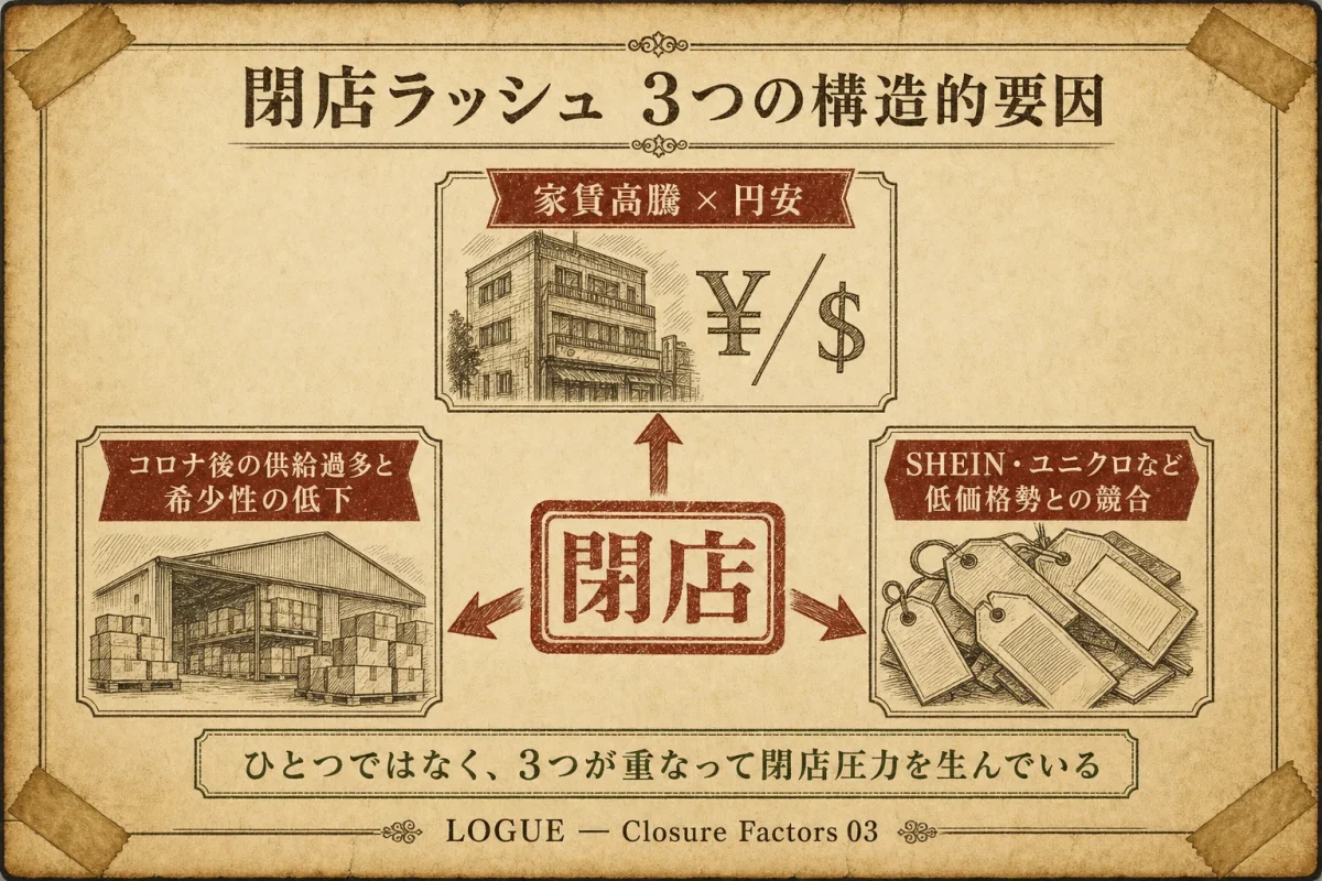 閉店ラッシュの3つの構造的理由を図解したインフォグラフィック