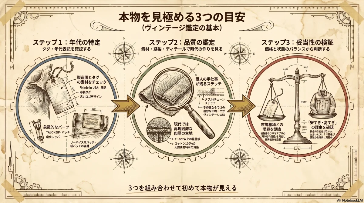 本物のヴィンテージを見極める3つの目安・タグと年代表記・素材と縫製とディテール・価格と状態のバランスを技術図面風に図解した色付きインフォグラフィック