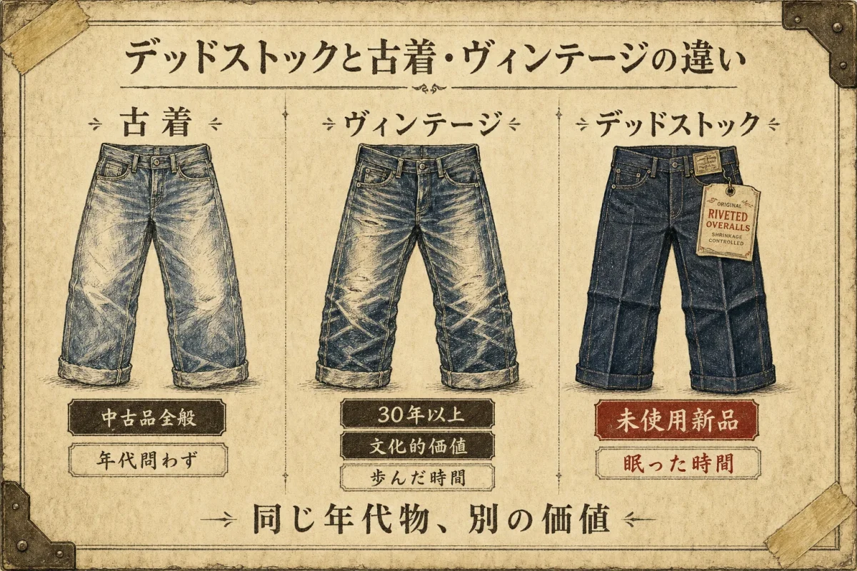 デッドストック・ヴィンテージ・古着の3者を状態と価値基準で対比したインフォグラフィック