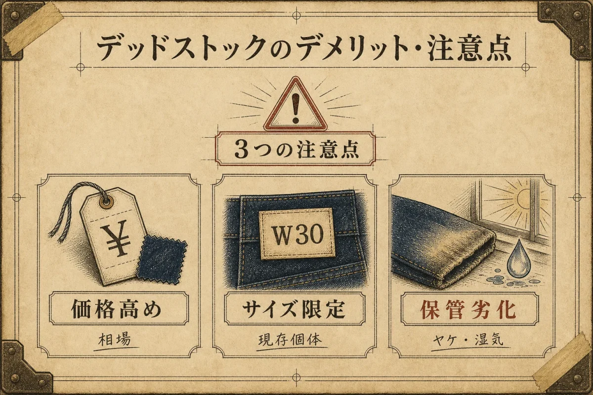 デッドストックのデメリット3つ（価格・サイズ・保管劣化）を示すインフォグラフィック