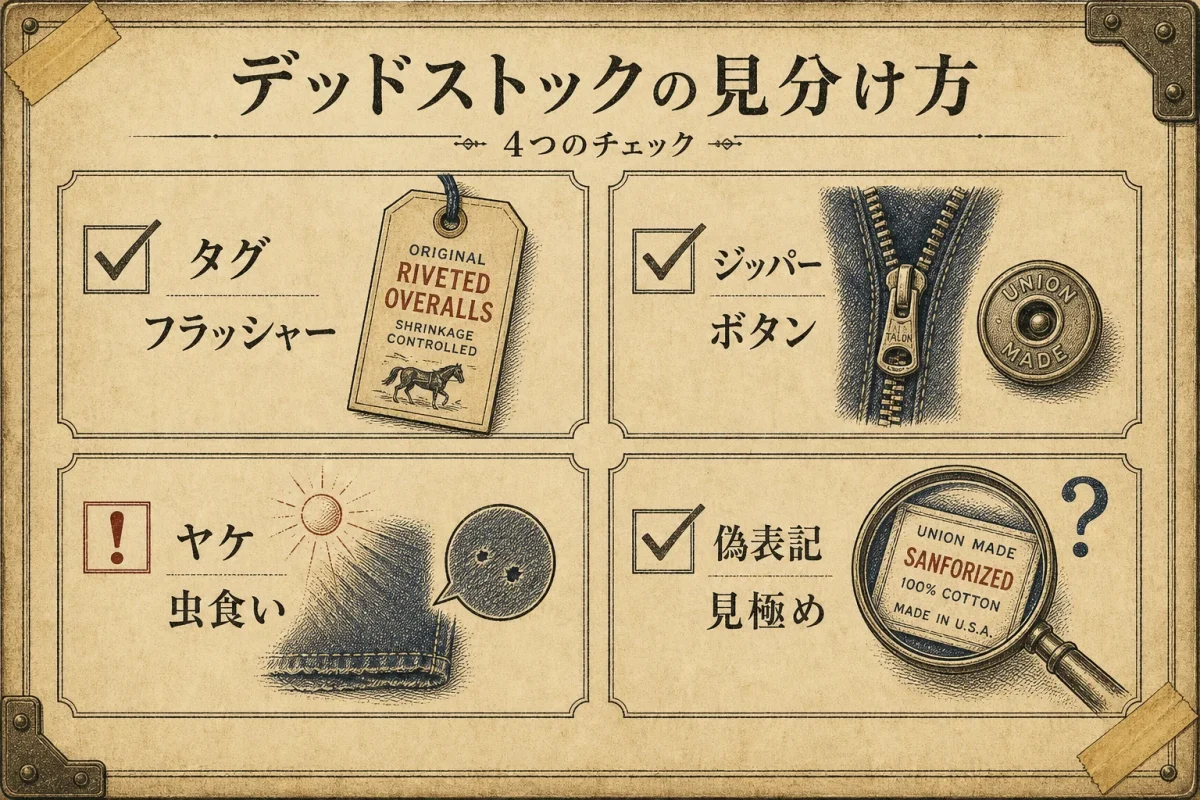 デッドストックの見分け方4つのチェックポイントを2×2グリッドで示すインフォグラフィック