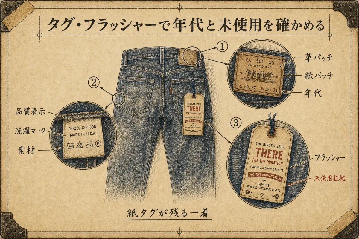 ジーンズのタグ・フラッシャー位置を矢印で示す詳細図