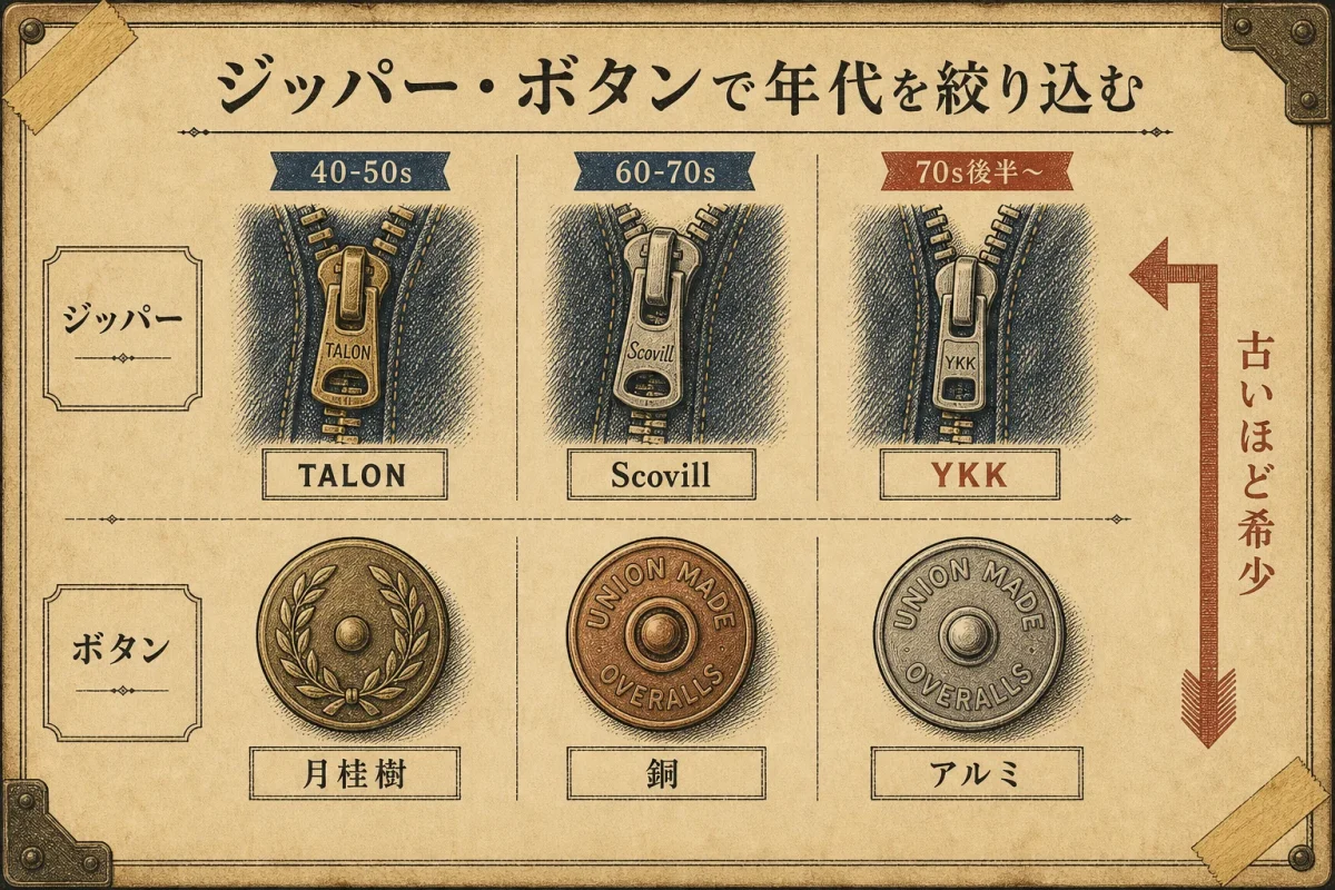 ジッパー（TALON・Scovill・YKK）とボタンの年代別判別パーツ図鑑