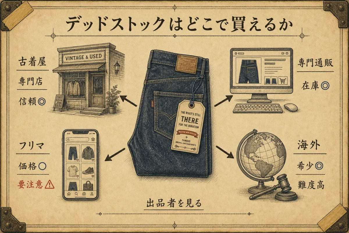デッドストックの主な入手先4つ（古着屋・通販・フリマ・海外オークション）を矢印で示すインフォグラフィック