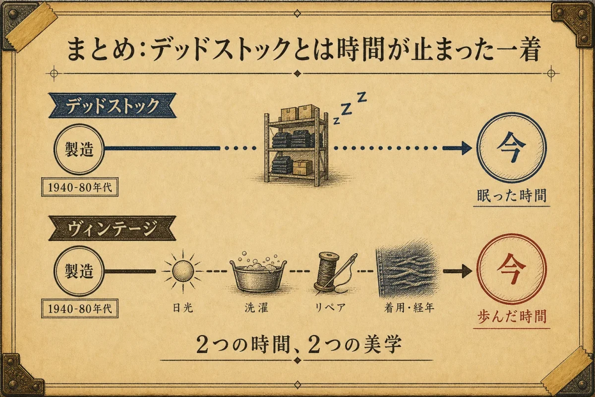 デッドストックとヴィンテージの時間軸対比（眠っていた時間 vs 歩んできた時間）