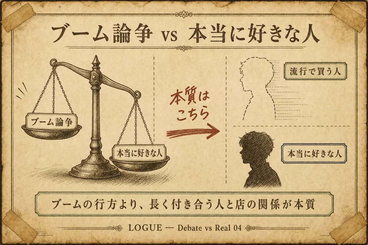 ブーム論争についての古着屋オーナーの視点を図解したインフォグラフィック