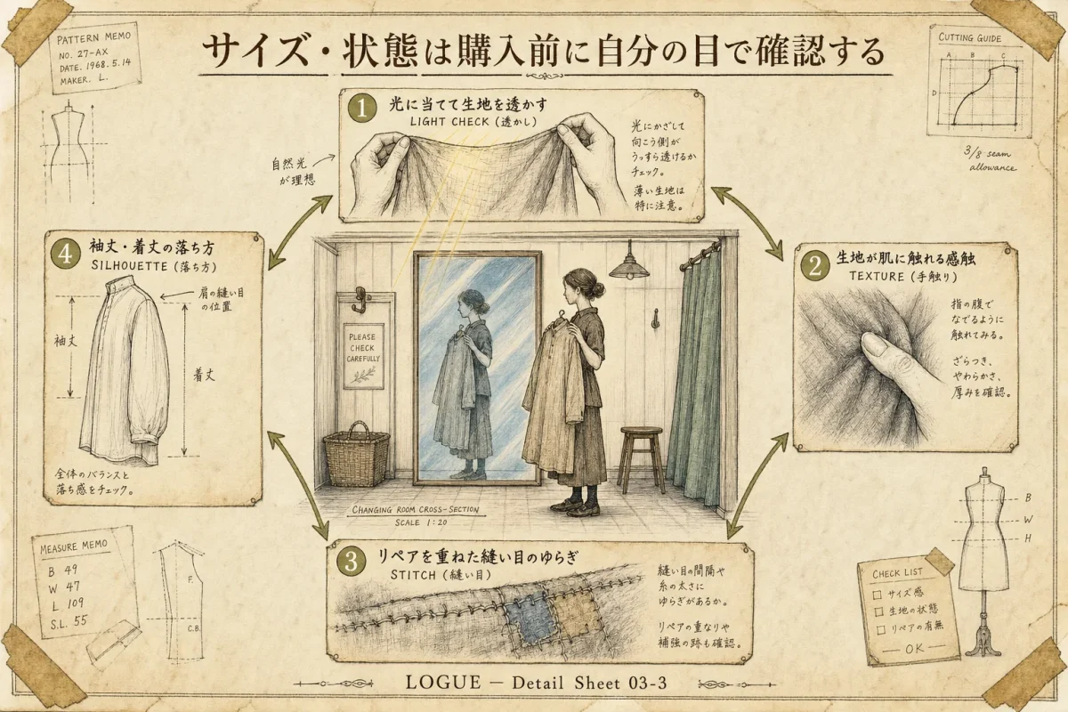サイズ・状態を確認する4つの観点：光に当てて透かす・生地が肌に触れる感触・縫い目のゆらぎ・袖丈と着丈の落ち方