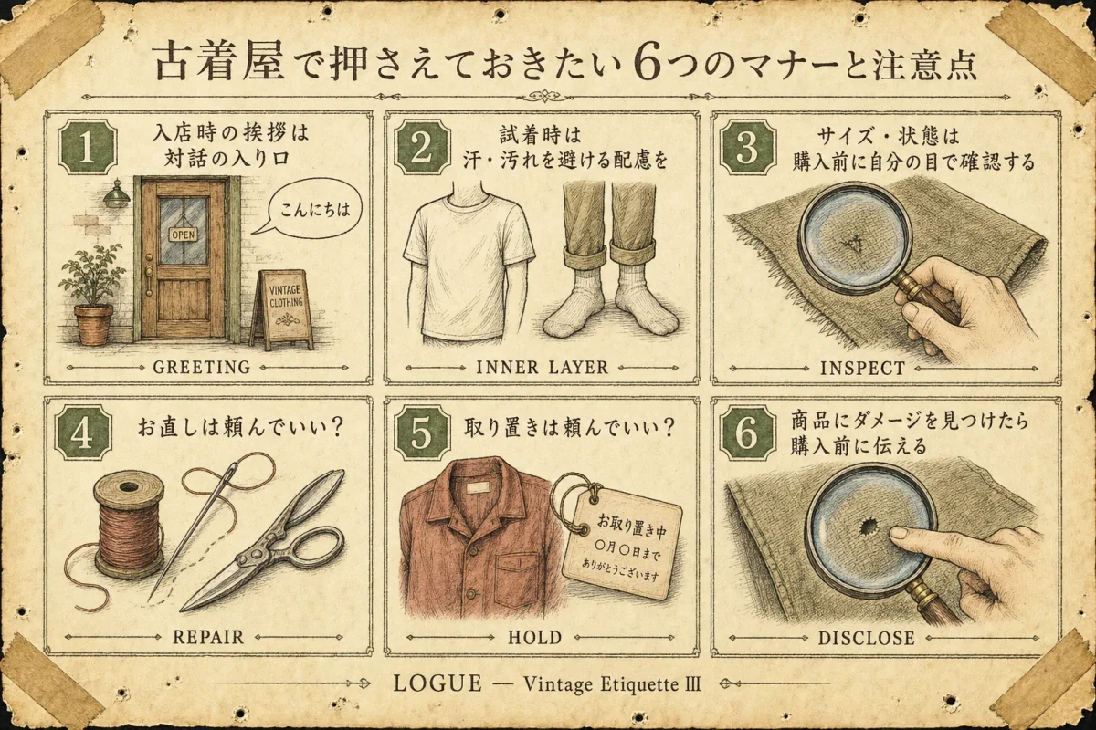 古着屋で押さえておきたい6つのマナーと注意点：挨拶・試着配慮・現物確認・お直し・取り置き・ダメージ報告