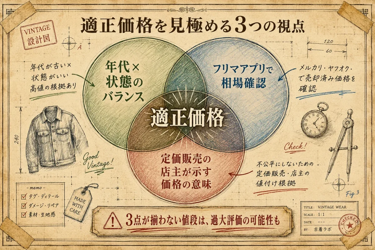 古着の適正価格を見極める判断軸：年代×状態のバランス・フリマ相場確認・定価販売の店主の値付け根拠