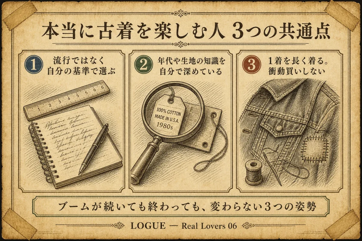 本当に古着を楽しむ人の3つの特徴を図解したインフォグラフィック