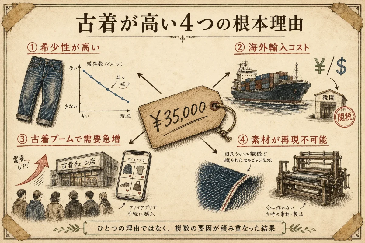 古着が高騰している4つの根本理由：希少性・海外輸入コスト・古着ブームの需要急増・現代では再現不可能な素材