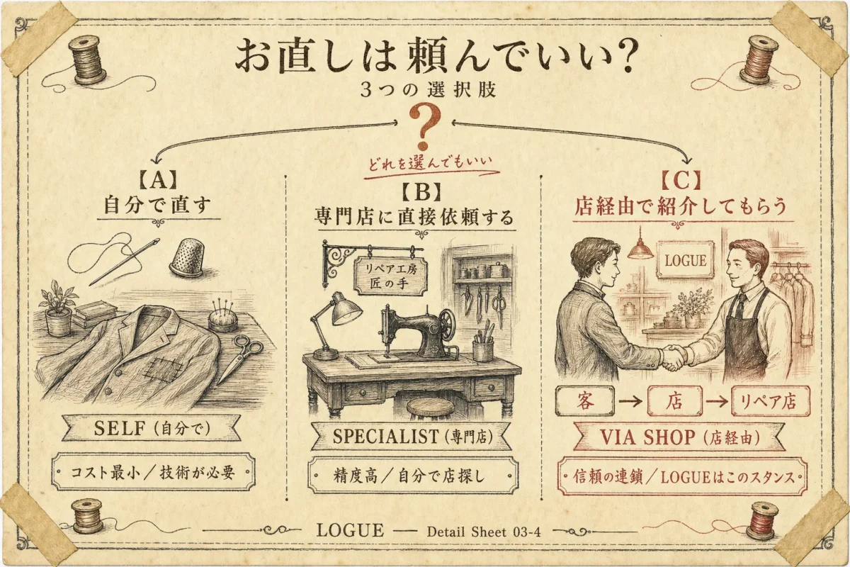 お直しの3つの選択肢：A自分で直す・B専門店に直接依頼する・C店経由で紹介してもらう（LOGUEのスタンス）