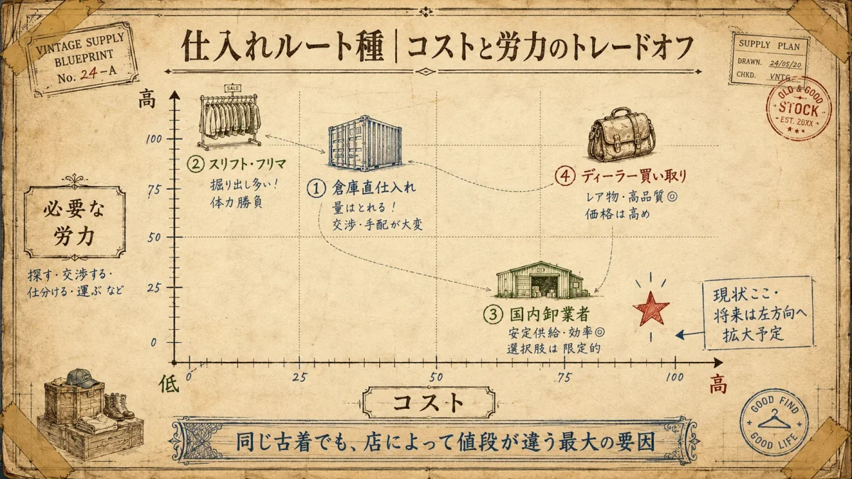 古着の仕入れルート4種別の値段差：倉庫直・スリフト/フリマ・国内卸・ディーラー買い取り