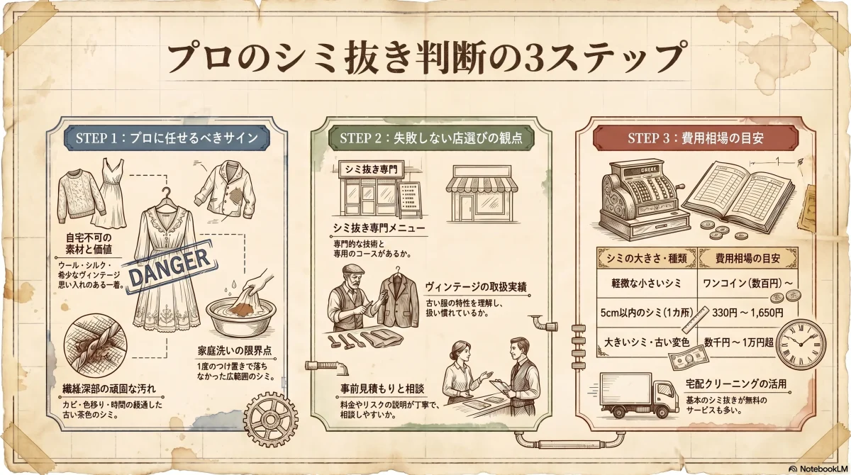 プロのシミ抜き判断3ステップ（プロに任せるシミの種類・店選びの3観点・費用相場の目安）を整理した色付きインフォグラフィック
